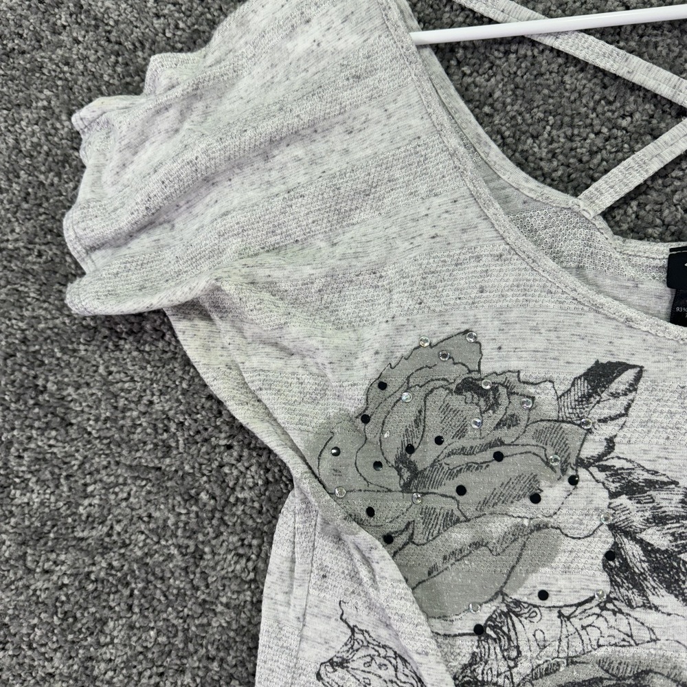 Vanity Shirt Womens Large Gray Floral Rhinestone Top Casual City Flower - Picture 6 of 16